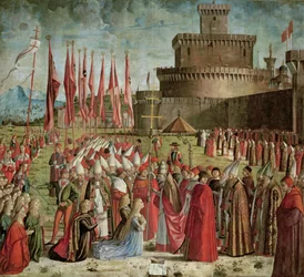 Die Pilger treffen Papst Cyriacus vor den Mauern Roms, aus dem St. Ursula-Zyklus, 1498